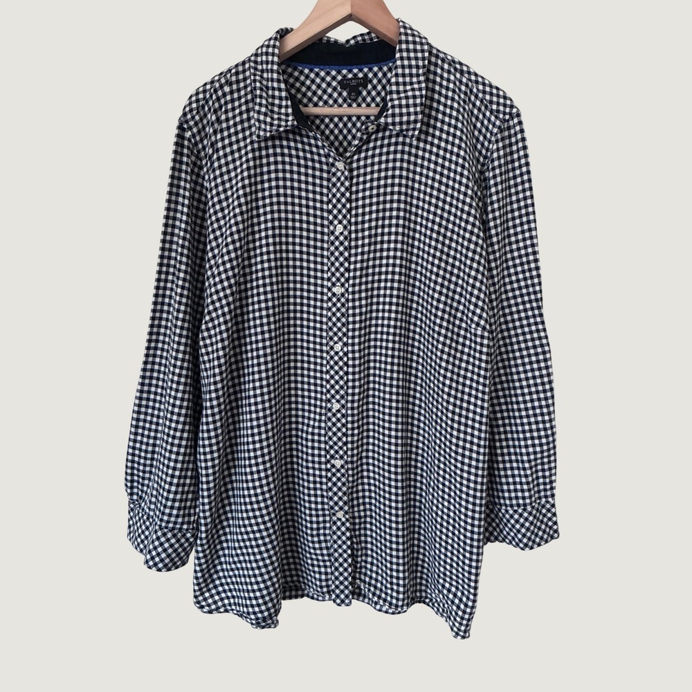 Talbots Black White Gingham Cotton Button Down Shirt 3X Long Sleeve Neutral